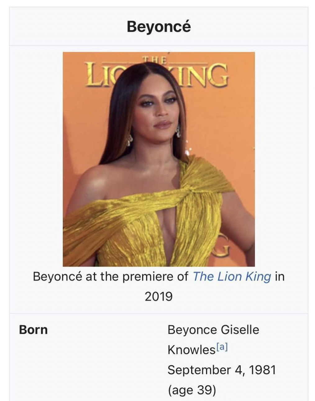 beyoncé wikipedia - Beyonc The Li Ing Beyonc at the premiere of The Lion King in 2019 Born Beyonce Giselle Knowlesa age 39